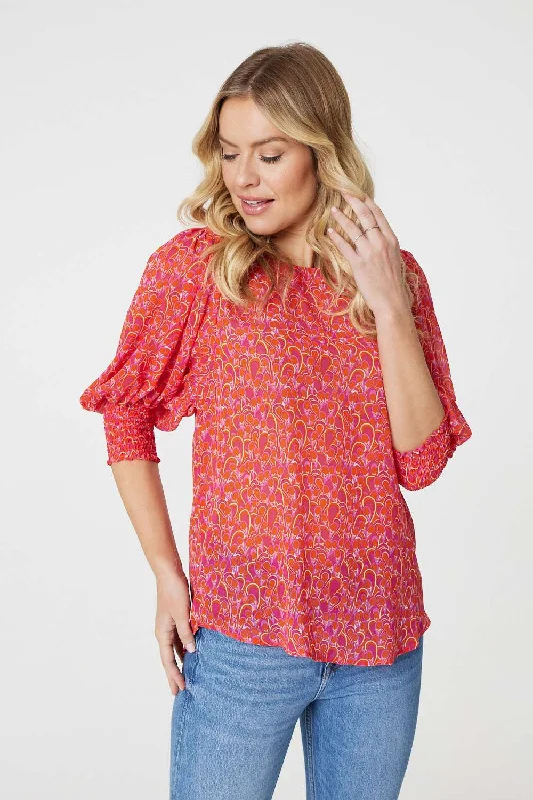 Printed 3/4 Puff Sleeve Blouse Airy Cotton Blouse