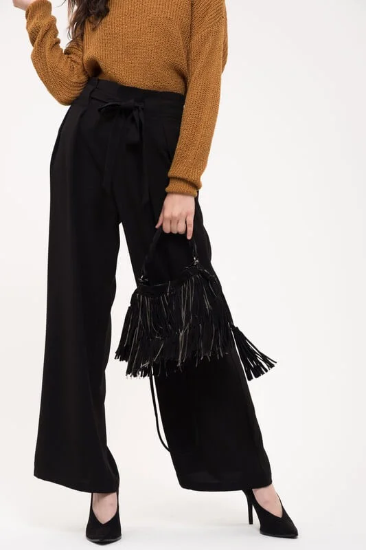 Belted Woven Wideleg Pants Soft Cotton Pants