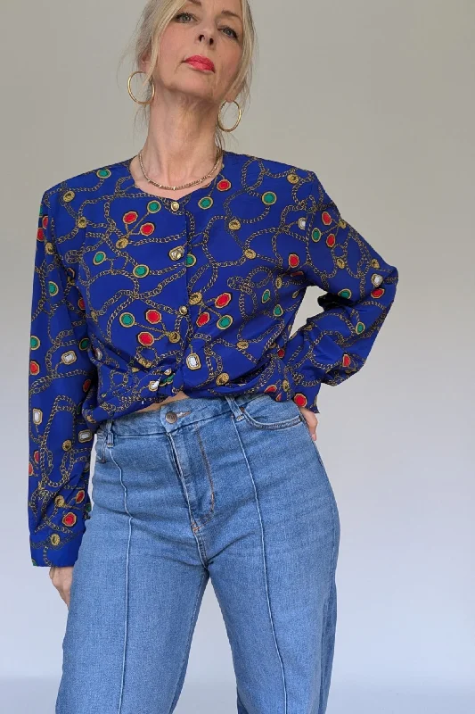 80's Blue Chain Print Blouse Stretchy Fitted Blouse