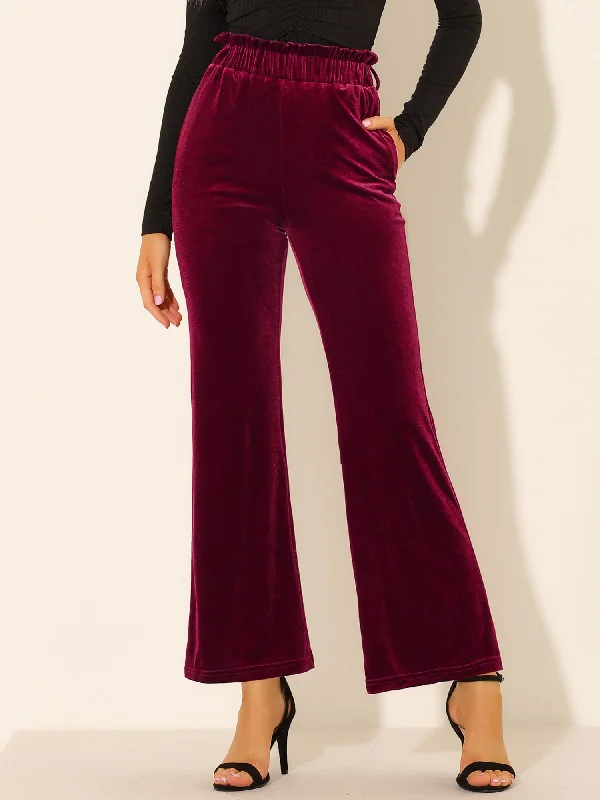 Velvet Tie Waist Pockets Stretchy Wide Leg Pants Modern Bootcut Pants