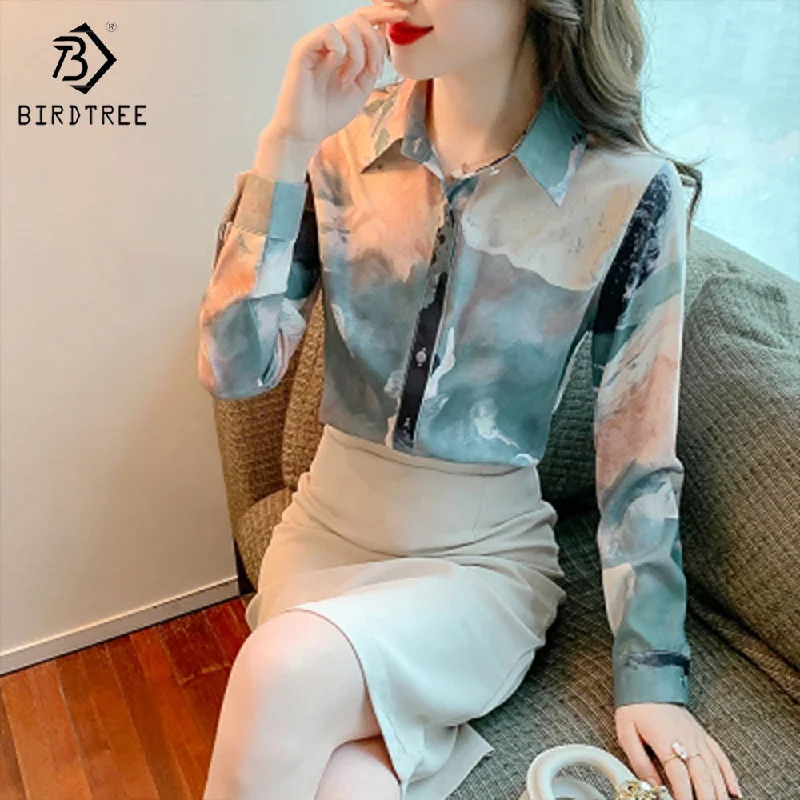 Women Long Sleeve Printed Shirts Elegant Casual Loose Blouses Chiffon Shirt Tops For Spring Autumn Double-Layered Blouse