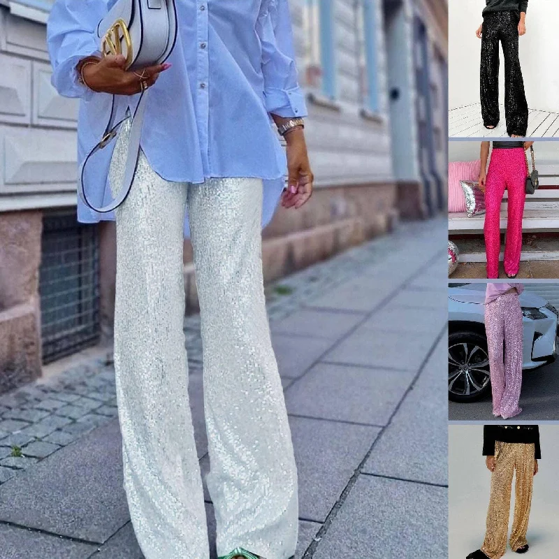 Ladies Solid Glitter Sequin Long Loose Pants LH0559 Comfortable Denim Trousers