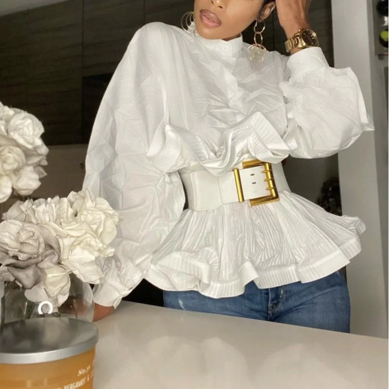 2022 Streetwear elegant puff sleeves blouse tops with belt stand collar ruffle ladies shirts blouses tops women Soft Satin Blouse