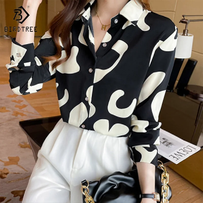 New Autumn Women's Long Sleeve Floral Printing Shirts Elegant Casual Blouses Chiffon Shirt Tops For Spring Mandarin Collar Blouse