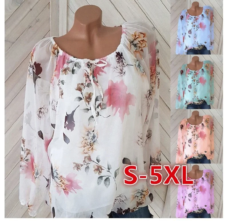 S-5XL Summer Women's Fashion Plus Size Long Sleeve Crew Neck Floral Print Chiffon Shirt blouse Sheer Sleeve Blouse