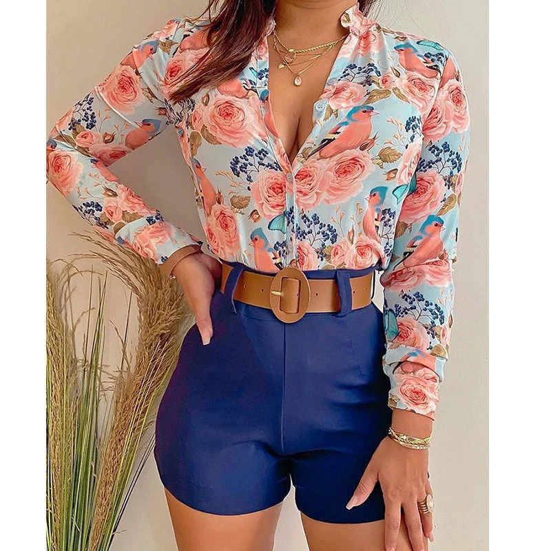 Women Floral Print Stand Collar Long Sleeve Tie Front Causal Top Shirt Blouse V Neck Ladies Top Casual Button Slim Feminine Pastel Blouse