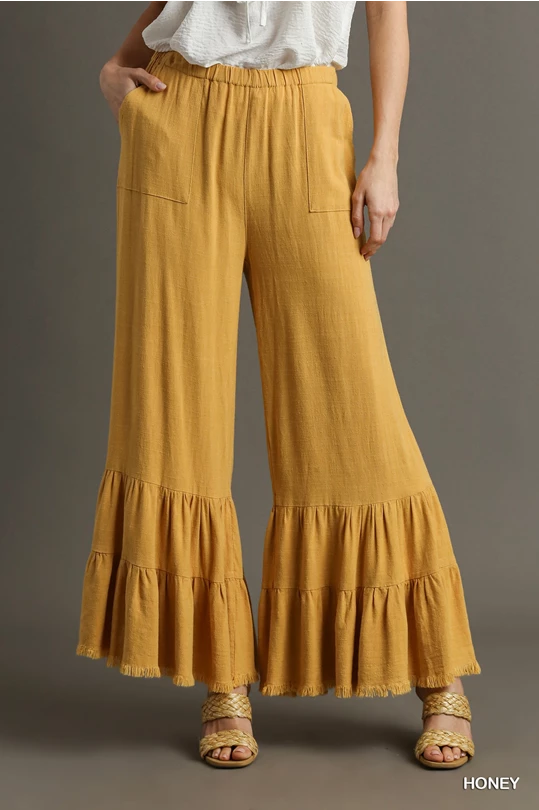 Wide Ruffle Leg Pants with Pockets & Frayed Hem Classic Flared Pants