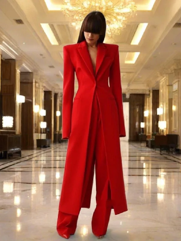 New Women's Two-Piece Set Elegant Party Suit Long Coat + Straight Pants Casual Lounge Pants