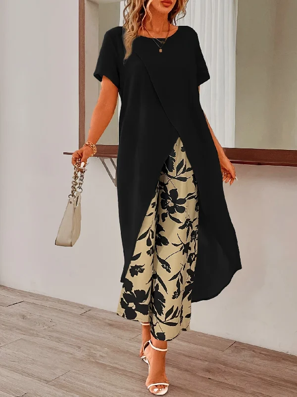 Womens Elegant Pants Set - Stylish Solid Color with Asymmetrical Hem Design, Comfortable Crew Neck Short Sleeve Top, Vibrant Floral Print Pants - Perfect for Spring and Summer Seasons, Complete Outfits for a Stylish Ensemble Lightweight Jogger Pants