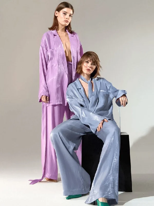 Trendy Oversized Matching 2pc Sets Elegant Blue Satin Pants Suit High-Waist Jeans