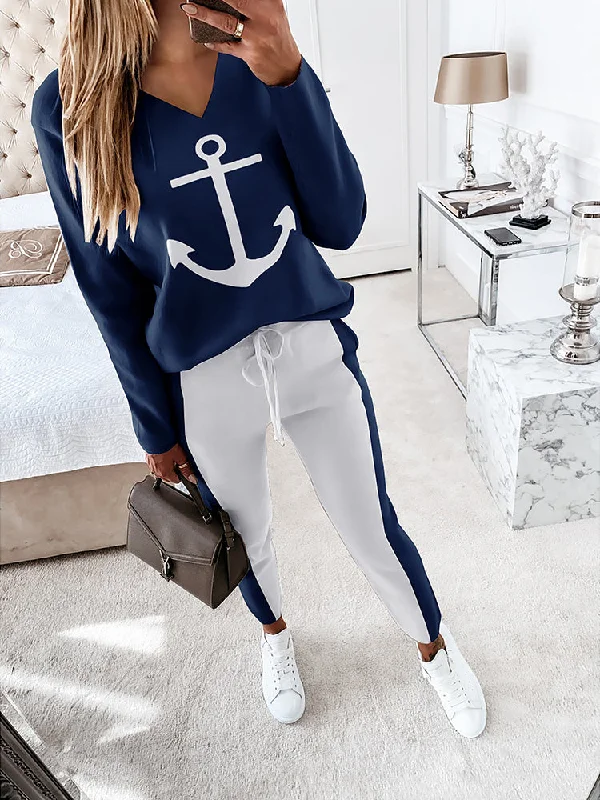 Boat Anchor Print Ladies Lounge Pants Long Sleeve Jogging Woman Two Pieces Sets Cozy Maternity Pants