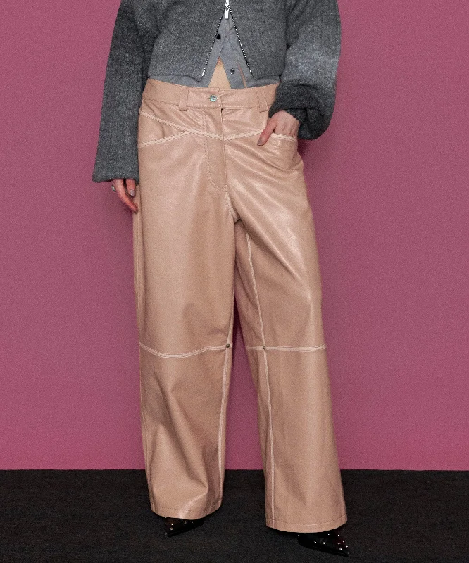 【SALE】Cocoon Wide Silhouette Vegan Leather Pants Soft Stretch Trousers