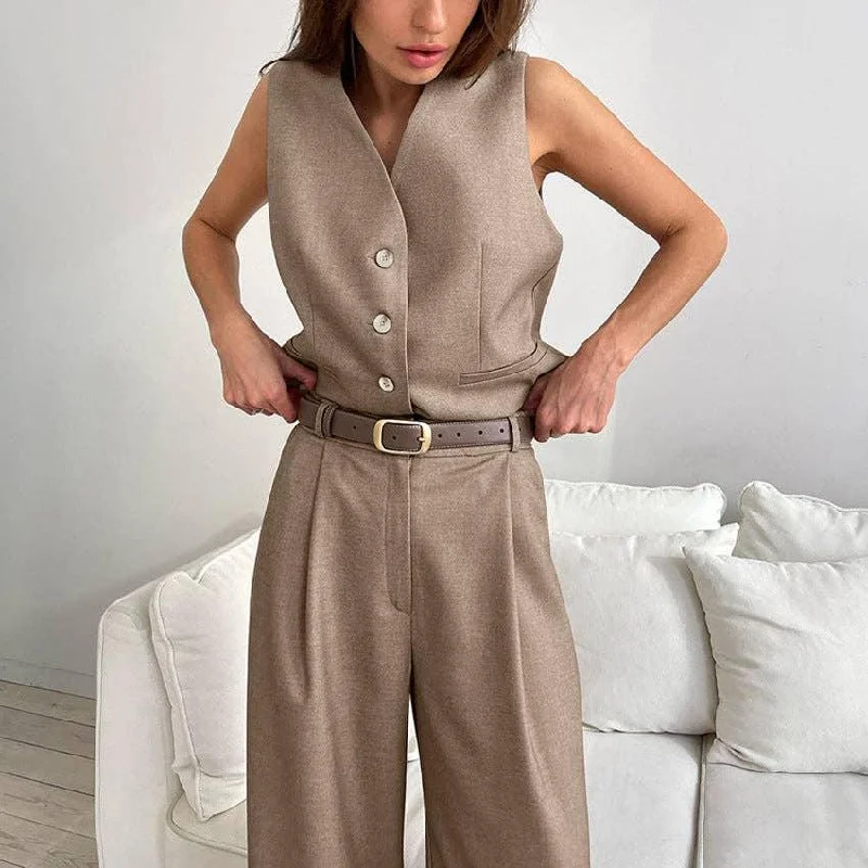 V-Neck Splice Vest Straight Leg Pants Ladies Set 2TZ2412 Fashionable Button-Up Pants