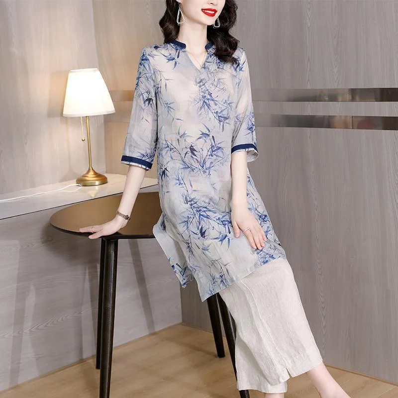 Fashion Casual Set Women's  Summer New Chinese Style Retro an Ink Painting of Bamboo Printed Top Wide Leg Pants Two-Piece Set Modern Skinny Pants