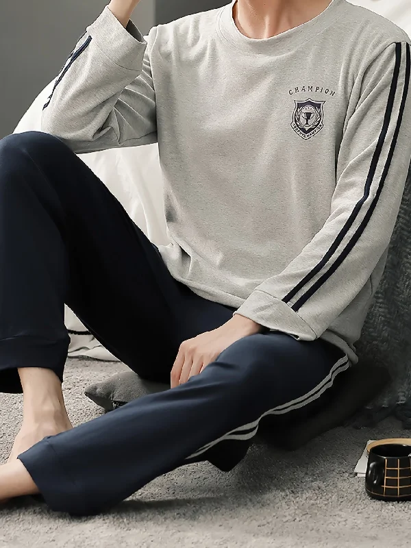 Men's Simple Style Casual Cotton Pajamas Sets, Letter Graphic Print Striped Long Sleeve Crew Neck Top & Loose Pants Lounge Wear, Outdoor Sets For Spring Autumn Cozy Lounge Pants