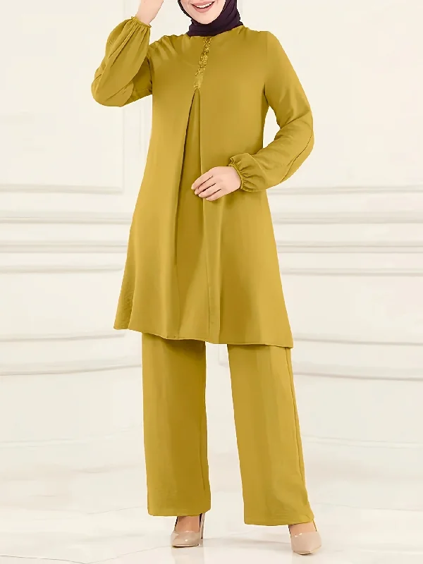 Chic Ramadan Two-Piece Set - Long Sleeve Top & Straight Leg Pants, Womens Modest Fashion Outfits Elegant Trouser Pants