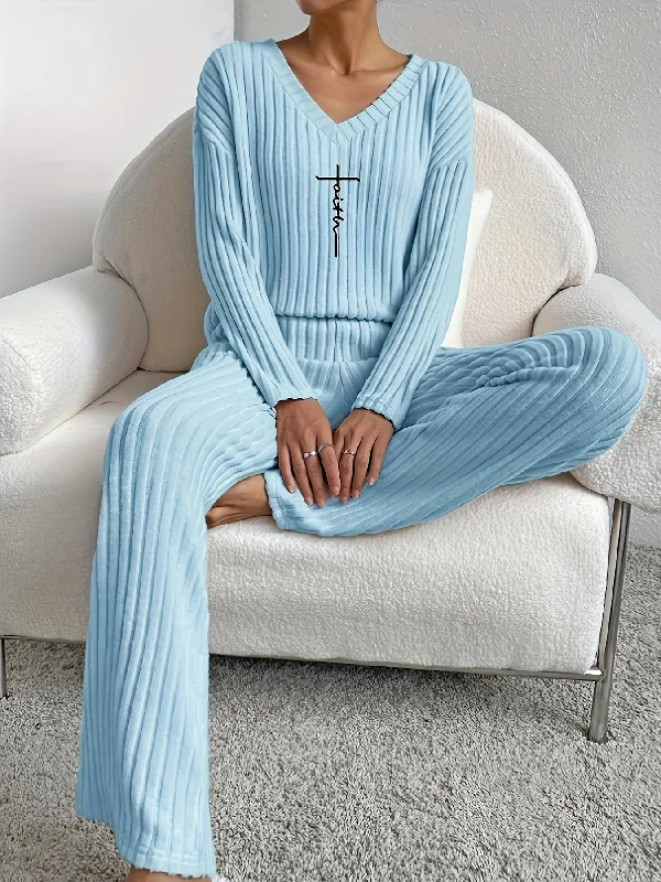 Women's Faith-Inspired Ribbed Two-Piece Set - V Neck Long Sleeve Top & Comfy Pants - Chic Spring & Fall Casual Outfits Classic Bootcut Trousers