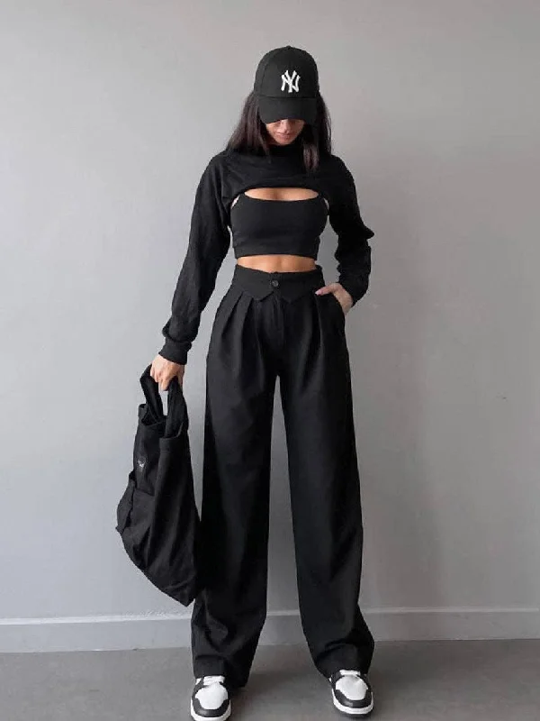 Solid Color High Waist Straight Leg Pants C-K2227 Fashionable Track Pants