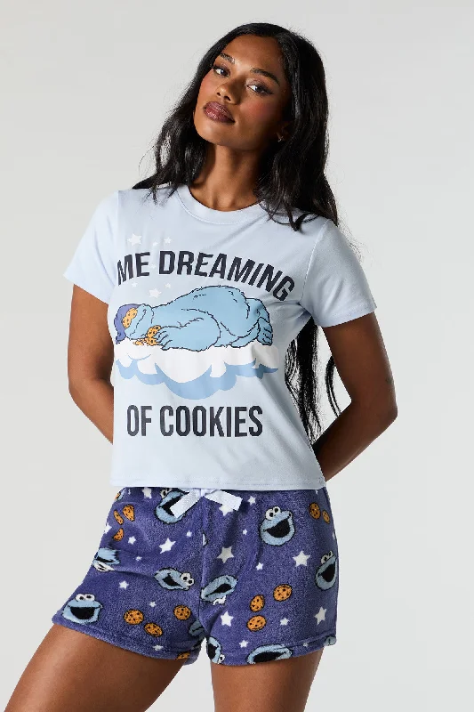 Cookie Monster T-Shirt and Plush Short 2 Piece Pajama Set Asymmetrical Pockets Print Cookie Monster T-Shirt and Plush Short 2 Piece Pajama Set Asymmetrical Pockets Print