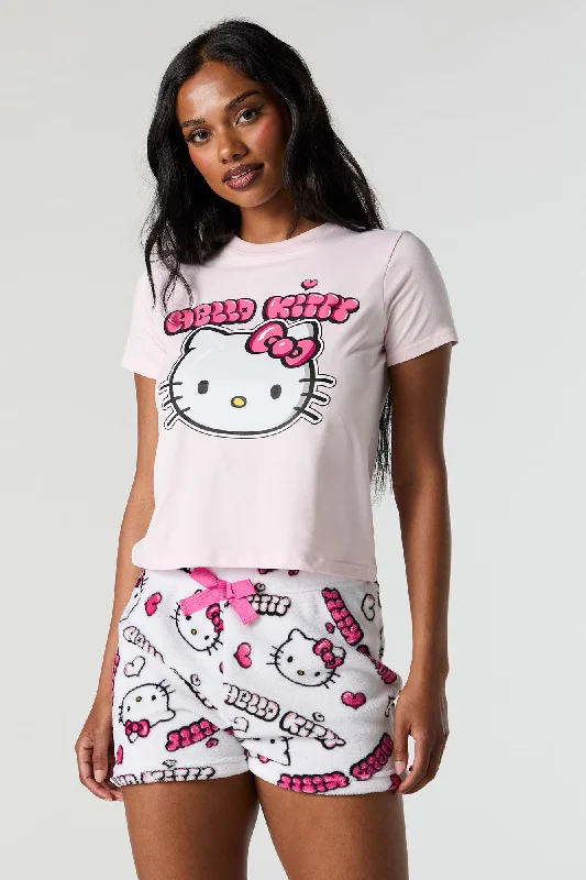 Hello Kitty T-Shirt and Plush Short 2 Piece Pajama Set Welt Pockets Slit Pockets Flap Pockets Hello Kitty T-Shirt and Plush Short 2 Piece Pajama Set Welt Pockets Slit Pockets Flap Pockets