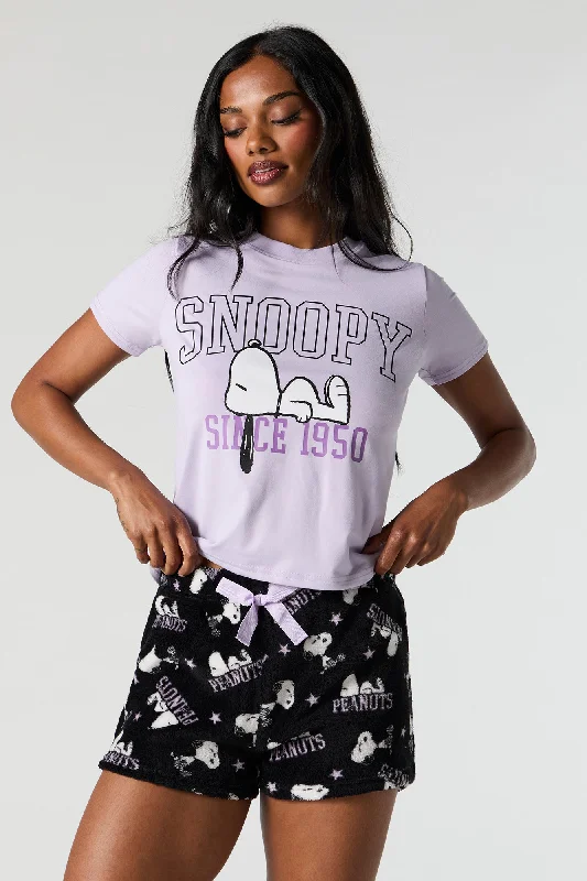 Snoopy T-Shirt and Plush Short 2 Piece Pajama Set Iron Safe Non-Iron Wrinkle Free