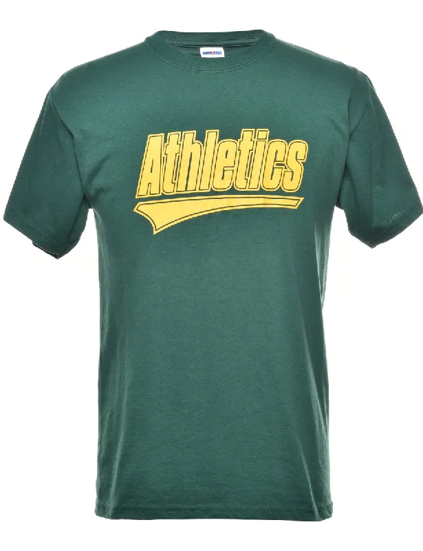 Athletics Printed Green & Yellow T-shirt - M Zippered Front Buttoned Front Snap Front Athletics Printed Green & Yellow T-shirt - M Zippered Front Buttoned Front Snap Front