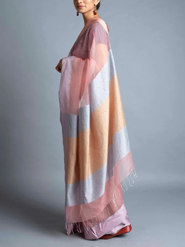 Badla Silk Organza Saree Pink With Blouse Piece Peter Pan Collar Blouse