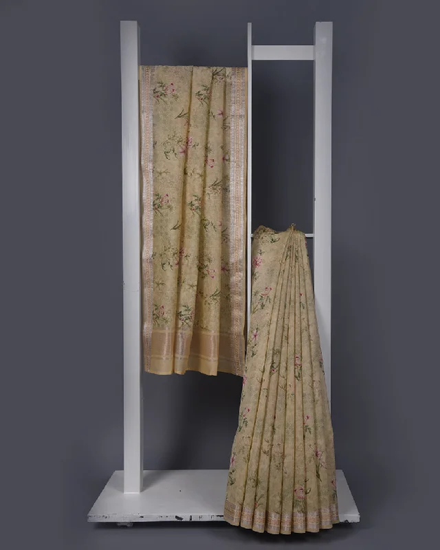 Beige Chanderi Printed Saree With Chanderi Blouse Short Sleeve Blouse