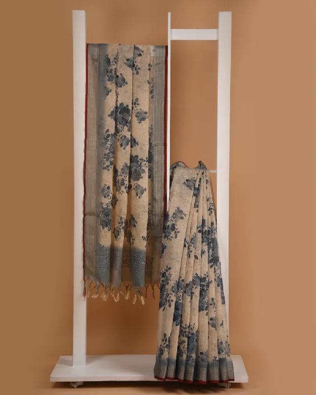 Beige With Blue Linen Blend Printed With Embroidery Saree With Linen Blend Blouse Frilled Cuff Blouse Beige With Blue Linen Blend Printed With Embroidery Saree With Linen Blend Blouse Frilled Cuff Blouse