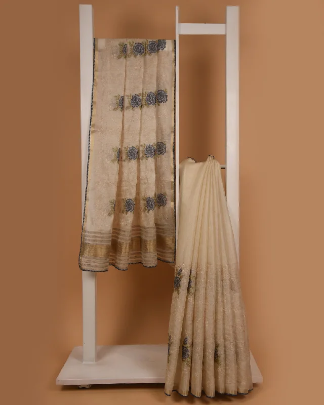 Beige With Gray Silk Blend Embroidered Saree With Silk Tissue Blend Blouse Classic White Blouse Beige With Gray Silk Blend Embroidered Saree With Silk Tissue Blend Blouse Classic White Blouse
