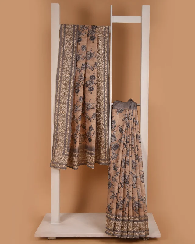 Beige With Gray Silk Blend Printed With Embroidery Saree With Silk Blend Printed Blouse Floral Chiffon Blouse Beige With Gray Silk Blend Printed With Embroidery Saree With Silk Blend Printed Blouse Floral Chiffon Blouse
