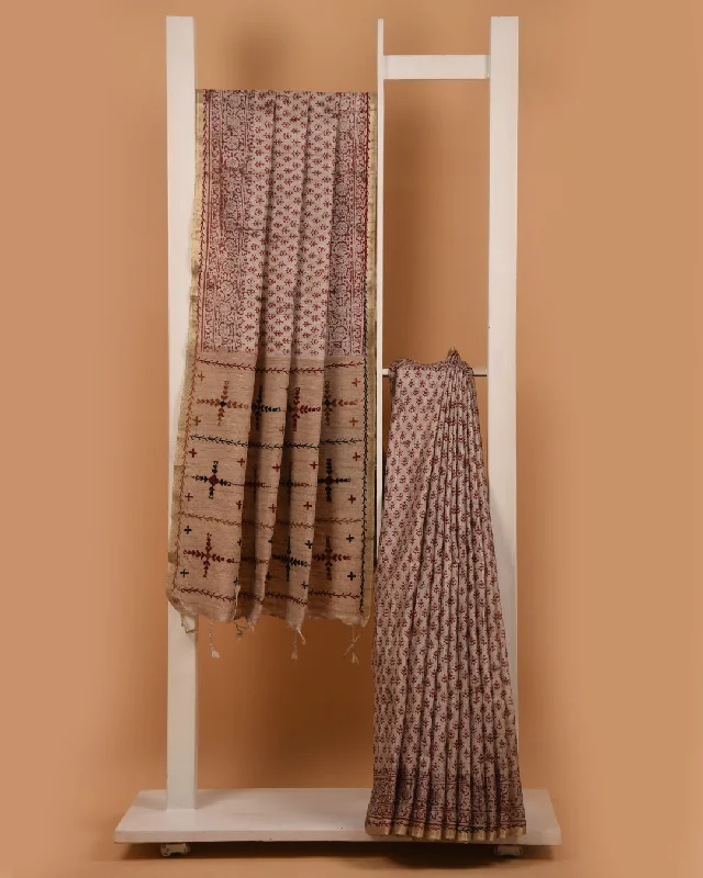 Beige With Rust Chanderi Silk Blend Hand Block Printed With Embroidery Saree With Chanderi Silk Embroidered Blouse Sheer Mesh Blouse Beige With Rust Chanderi Silk Blend Hand Block Printed With Embroidery Saree With Chanderi Silk Embroidered Blouse Sheer Mesh Blouse