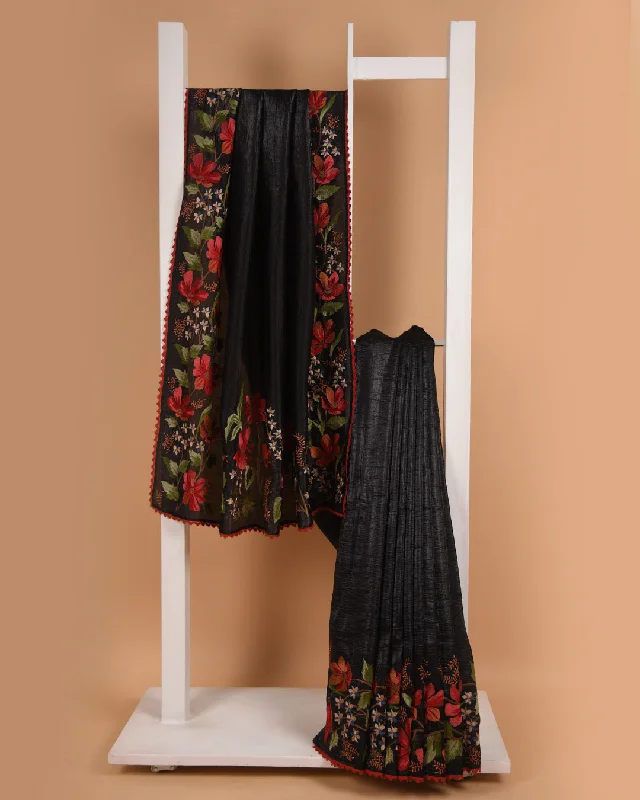 Black Crushed Silk Blend Thread Embroidered Saree With Organza Blend Blouse Elegant Peplum Blouse Black Crushed Silk Blend Thread Embroidered Saree With Organza Blend Blouse Elegant Peplum Blouse