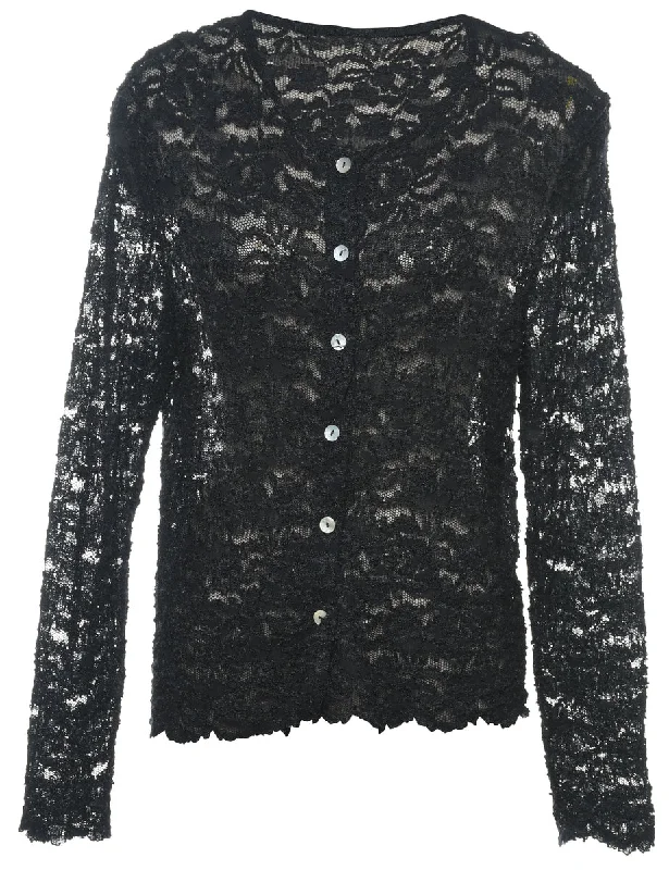 Black Lace 1990s Evening Blouse - M Chic Ruffle Blouse