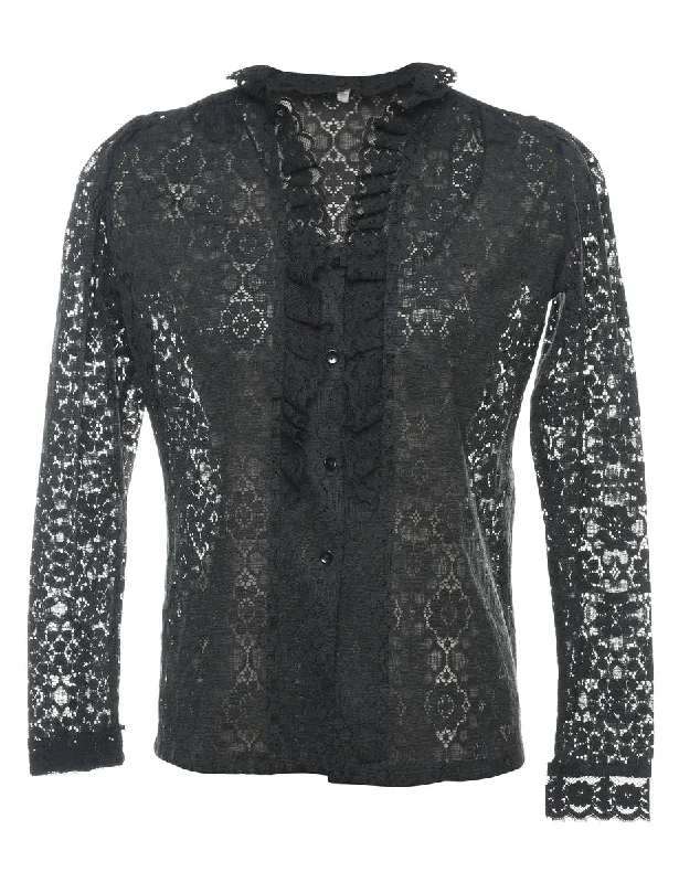 Black Lace 1990s Ruffled Blouse - S Soft Satin Blouse