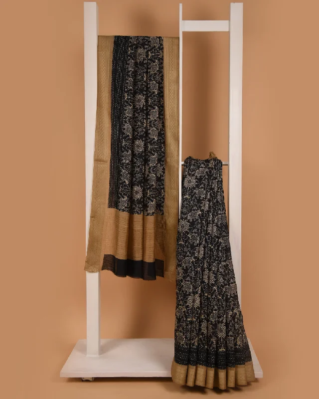 Black Pure Handloom Silk Embroidered Saree With Contrast Tussar Silk Blouse Gathered Detail Blouse Black Pure Handloom Silk Embroidered Saree With Contrast Tussar Silk Blouse Gathered Detail Blouse
