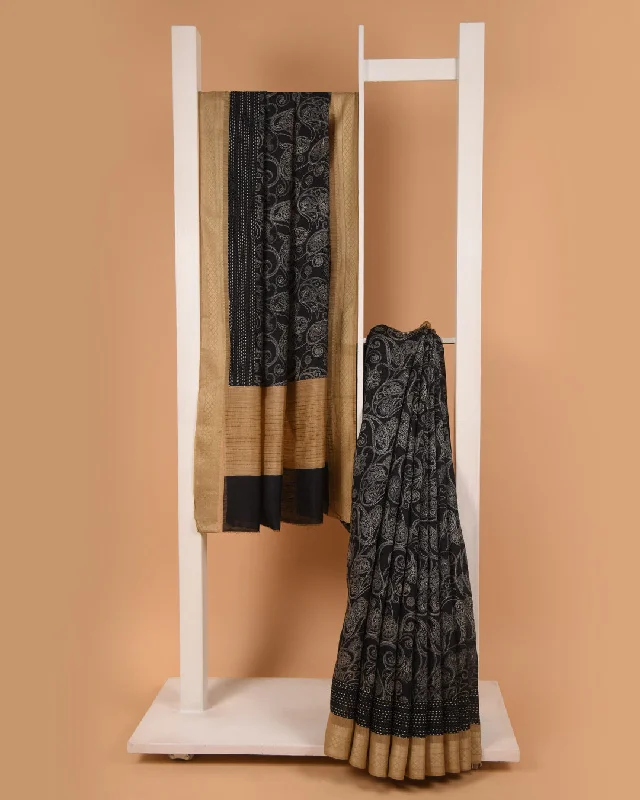 Black With Beige Pure Handloom Silk Embroidered Saree With Contrast Handloom Silk Blouse Smart Casual Blouse Black With Beige Pure Handloom Silk Embroidered Saree With Contrast Handloom Silk Blouse Smart Casual Blouse