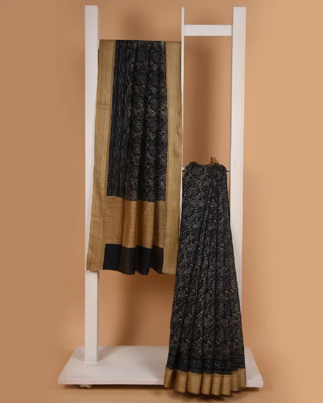 Black With Beige Pure Handloom Silk Embroidered Saree With Contrast Tussar Silk Blouse Off-Shoulder Wrap Blouse Black With Beige Pure Handloom Silk Embroidered Saree With Contrast Tussar Silk Blouse Off-Shoulder Wrap Blouse