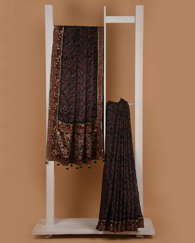 Blue Modal Wool Blend Printed With Hand Embellished Saree With Modal Pashmina Blend Blouse Pleated Collar Blouse
