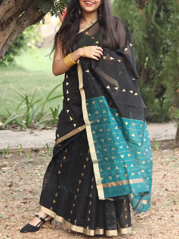 Chanderi Saree Black With Blouse Piece Classic White Blouse