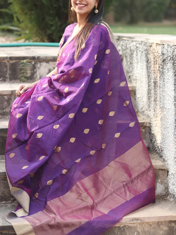 Chanderi Saree Purple With Blouse Pce Casual Button Blouse