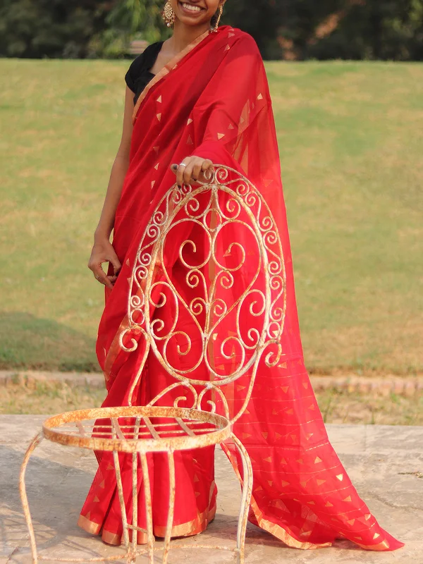 Chanderi Saree Red With Blouse Piece Chic Wrap Blouse