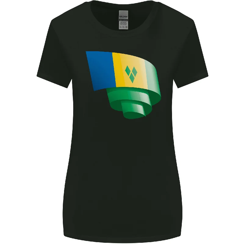 Curled Saint Vincent and Grenadines Flag Football Womens Wider Cut T-Shirt Satin Blend Silk Blend Wool Blend Curled Saint Vincent and Grenadines Flag Football Womens Wider Cut T-Shirt Satin Blend Silk Blend Wool Blend