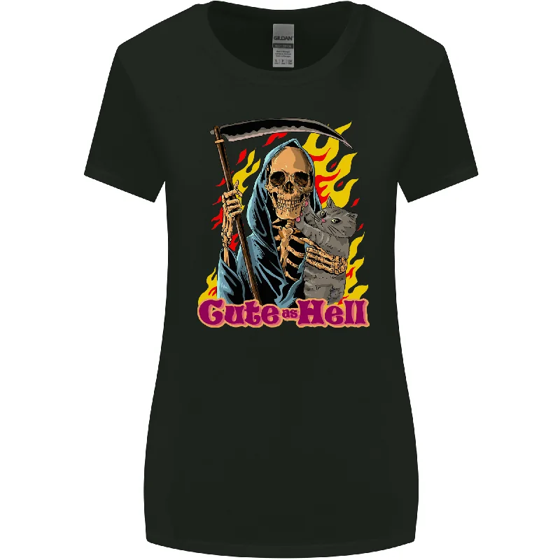 Cute Hell Cat Grim Reaper Skull Halloween Womens Wider Cut T-Shirt Print Jacquard Patchwork Cute Hell Cat Grim Reaper Skull Halloween Womens Wider Cut T-Shirt Print Jacquard Patchwork