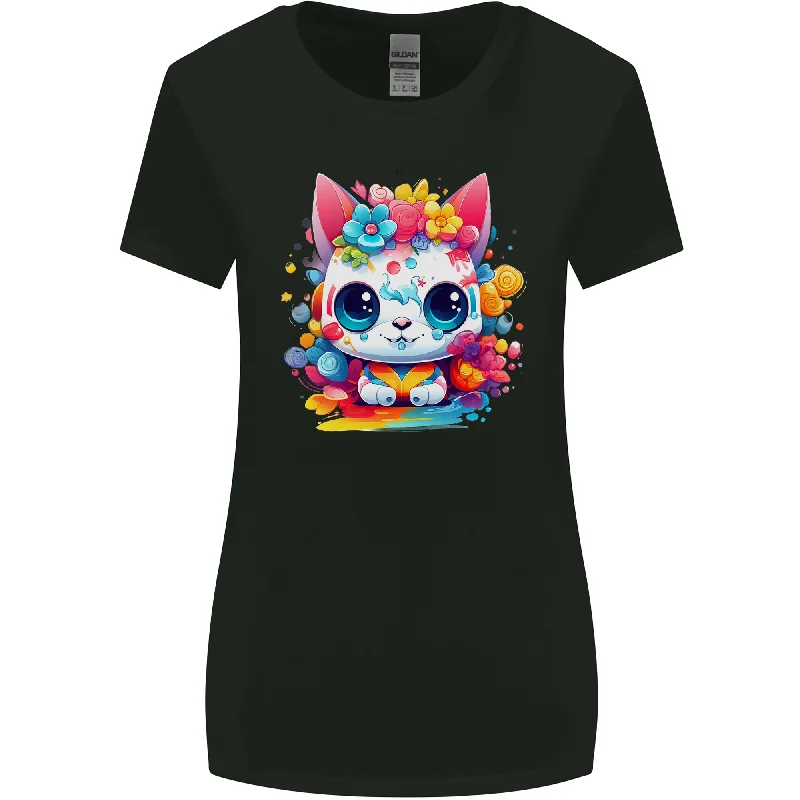 Cute Kawaii Cat Womens Wider Cut T-Shirt V-Neck T-Shirt Long Sleeve Cotton