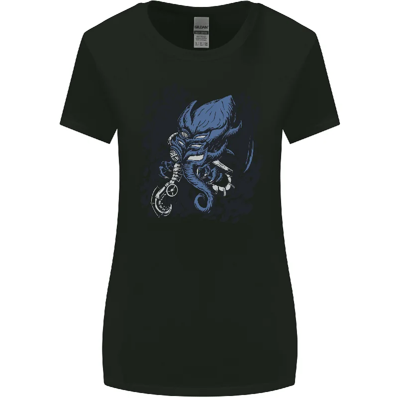 Cyberpunk Cthulhu Kraken Octopus Womens Wider Cut T-Shirt Silk Blend Satin Velvet