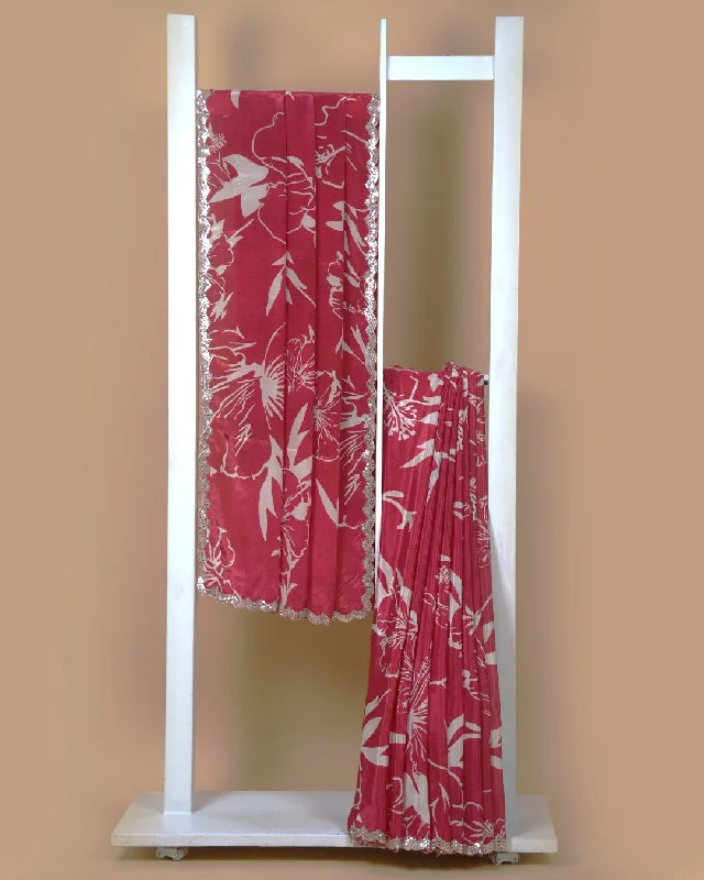 Deep Pink Satin Crepe Digital Printed With Hand Embroidery Saree With Satin Crepe Blouse Wrap Front Blouse Deep Pink Satin Crepe Digital Printed With Hand Embroidery Saree With Satin Crepe Blouse Wrap Front Blouse