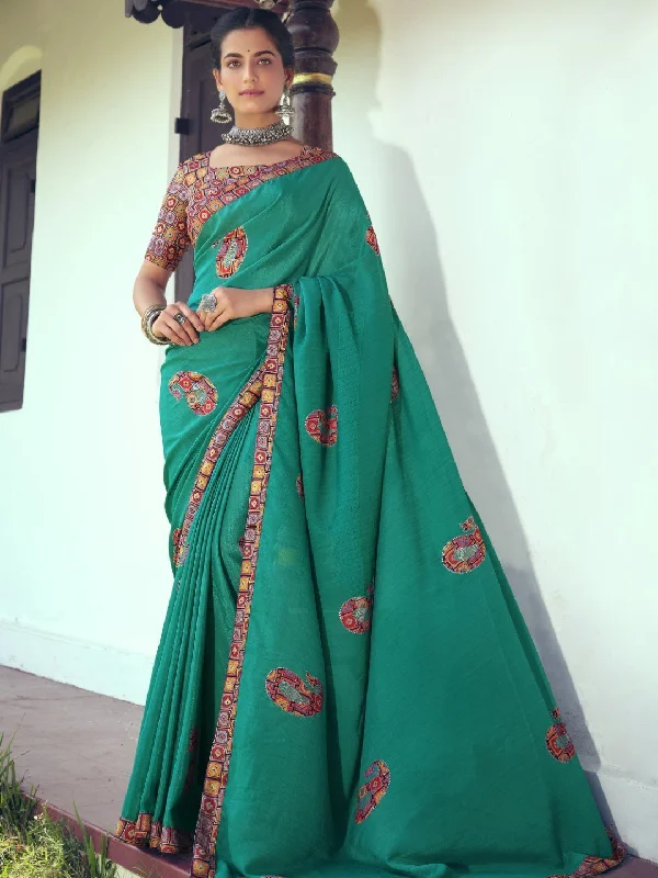 Pure Chiffon Printed Green Saree with Designer Blouse Elegant Embroidery Blouse