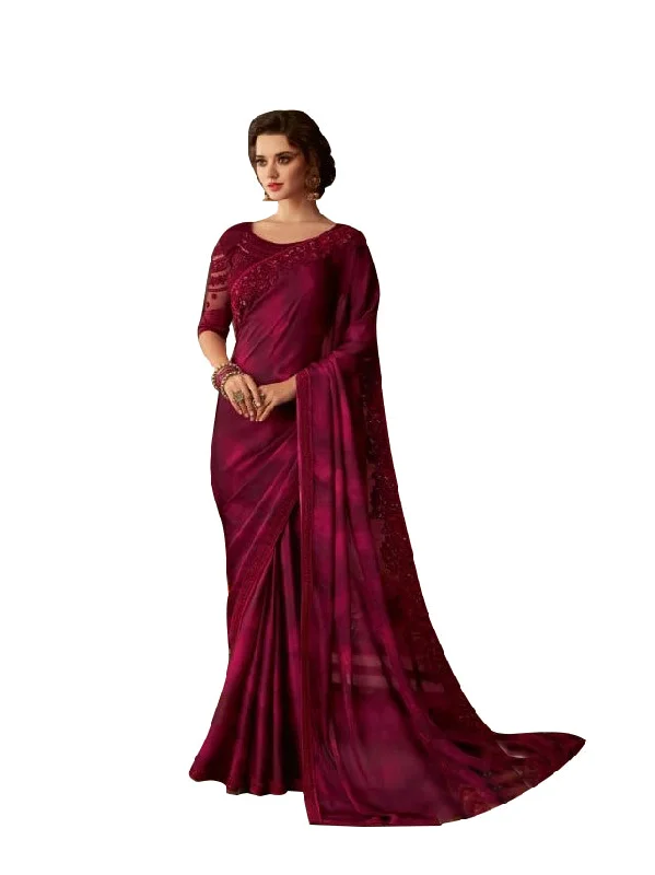 Exclusive Maroon Chiffon Silk Embroidered Saree with Designer Blouse AC611 Elegant Lace Blouse Exclusive Maroon Chiffon Silk Embroidered Saree with Designer Blouse AC611 Elegant Lace Blouse