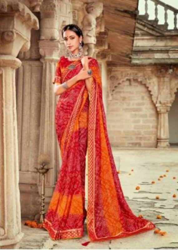 Fancy Bandhani georgette Yellow Women Sarees with Blouse Satin Drape Blouse